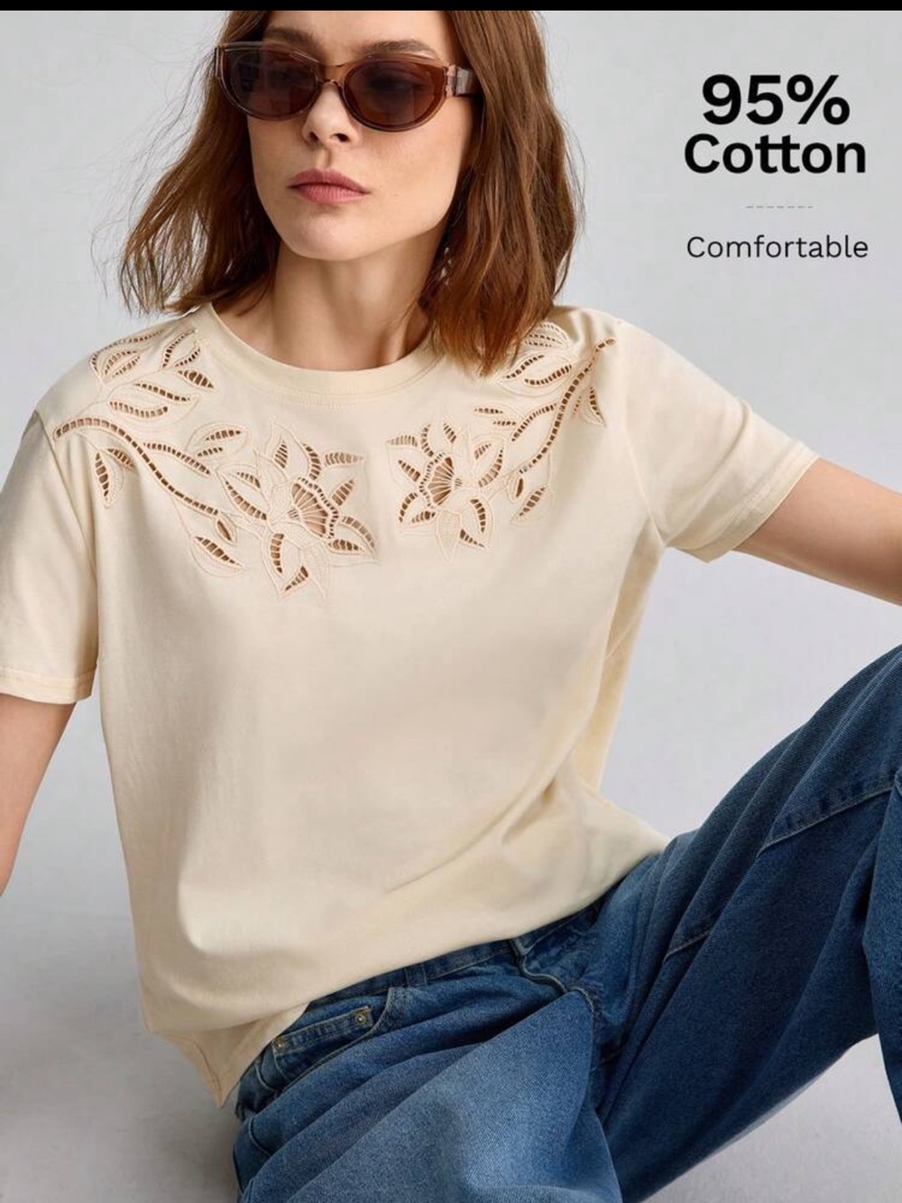 Light beige cream Cutout Floral Yoke embroidery eyelet detail Cotton Tee - Cream